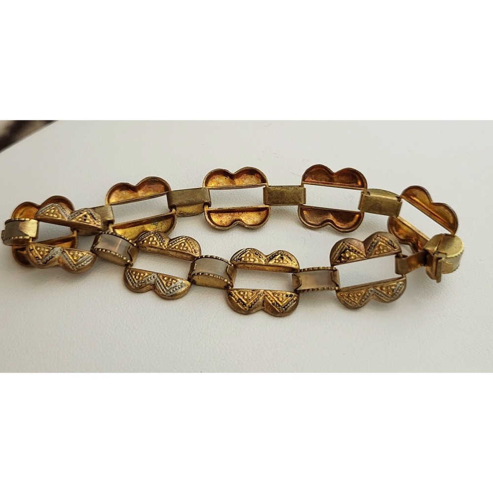 Vintage Antique Spain Damascene Mother of Pearl Link Etched Copper Bracelet‎ 7"